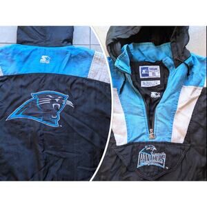 Carolina Panthers 90s STARTER puffer 1/2 Pullover jacket XL blk teal NFL Pro vtg